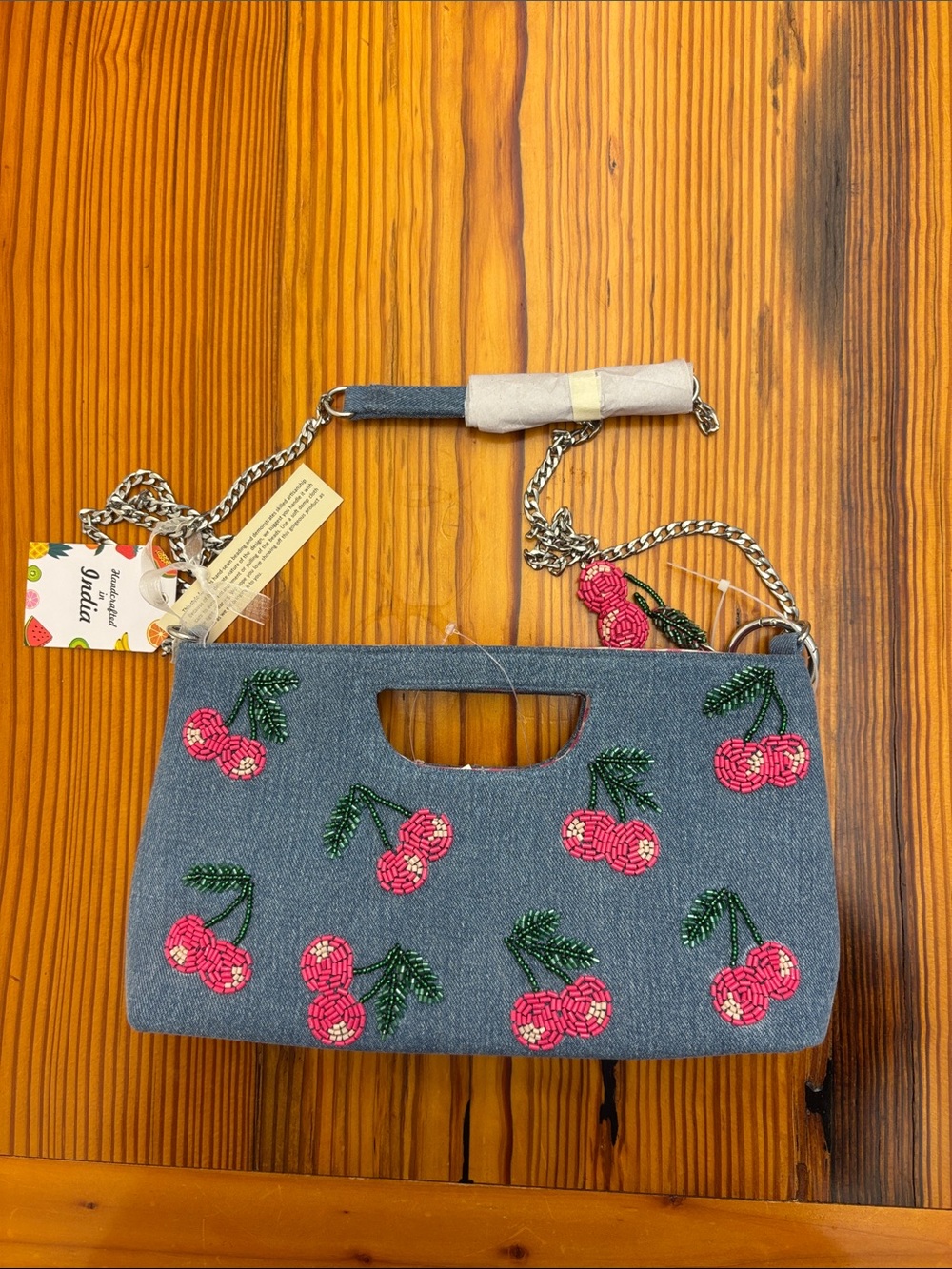 NWT Handcrafted in India Denim Beaded Bag with Cheries and a Bag Charm Gingham